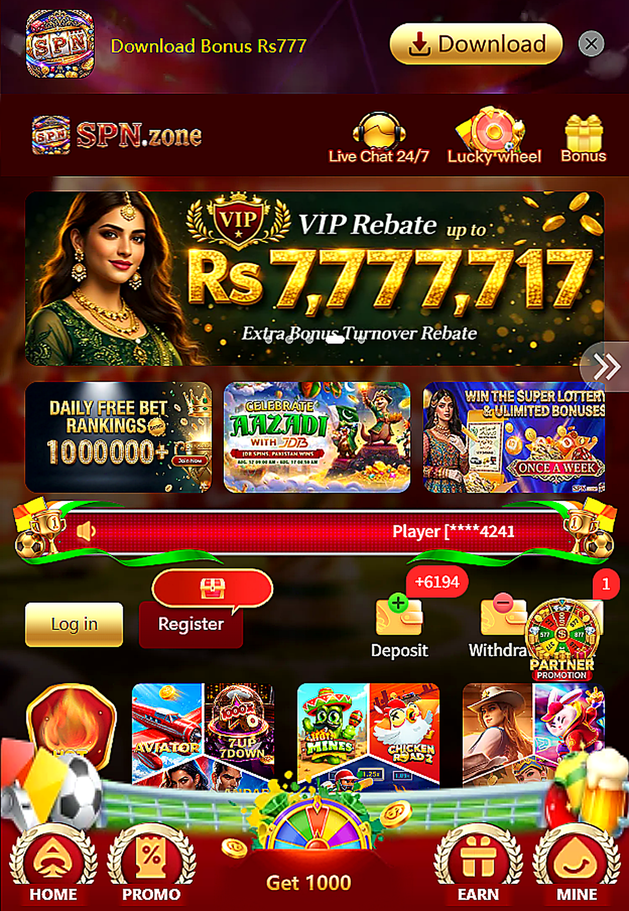 SPN.zone mobile lobby with download, login and register buttons